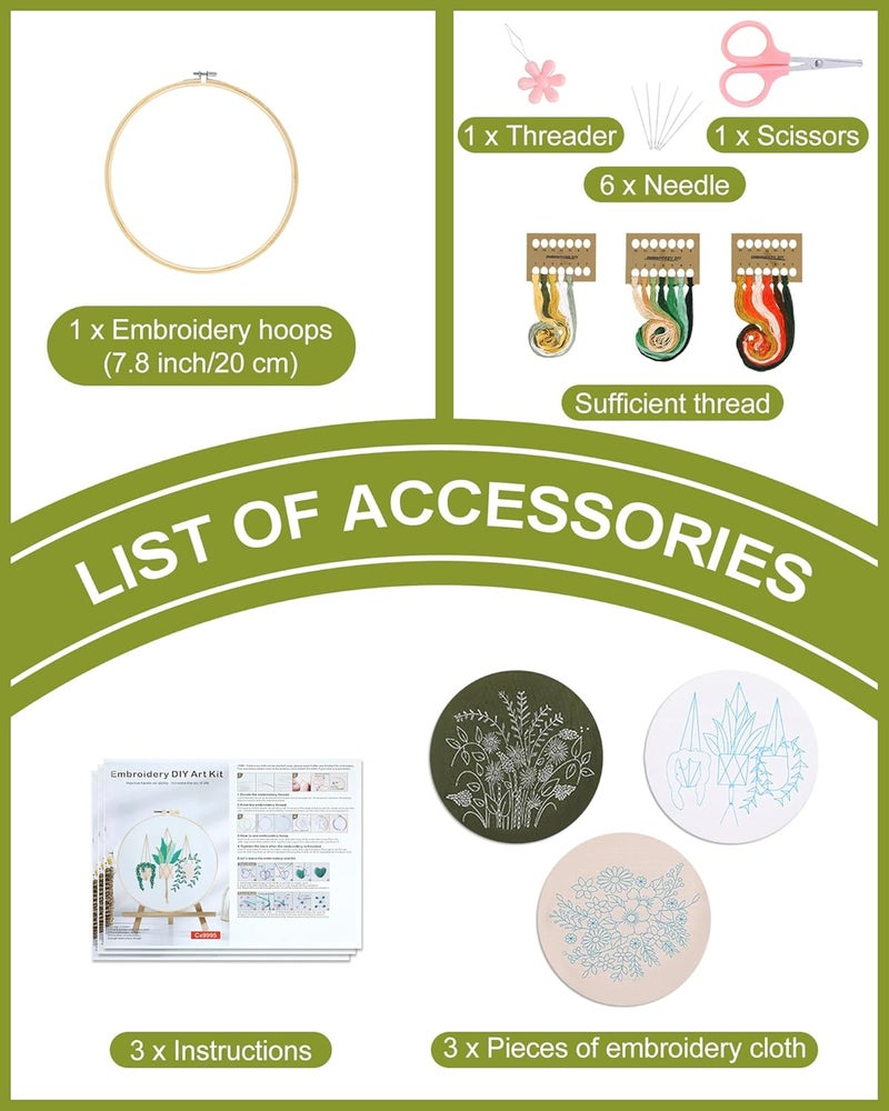 Santune 3 Sets Embroidery Kit for Beginners Needlepoint Cross Stitch Kits for Adults,Stitch Learning DIY Sets with Instruction Video,Stamped Floral Patterns,Hoop,Threads,Sewing Hobby - Image 5